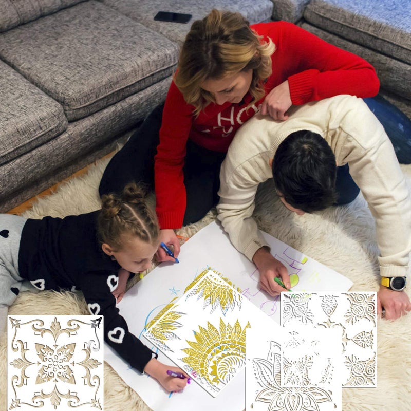 Juome 9 Pack (12x12 Inch) Large Reusable Stencil Mandala Stencil Laser Cut Painting Template for Floor Wall Tile Fabric Furniture Stencils Painting - Image 3
